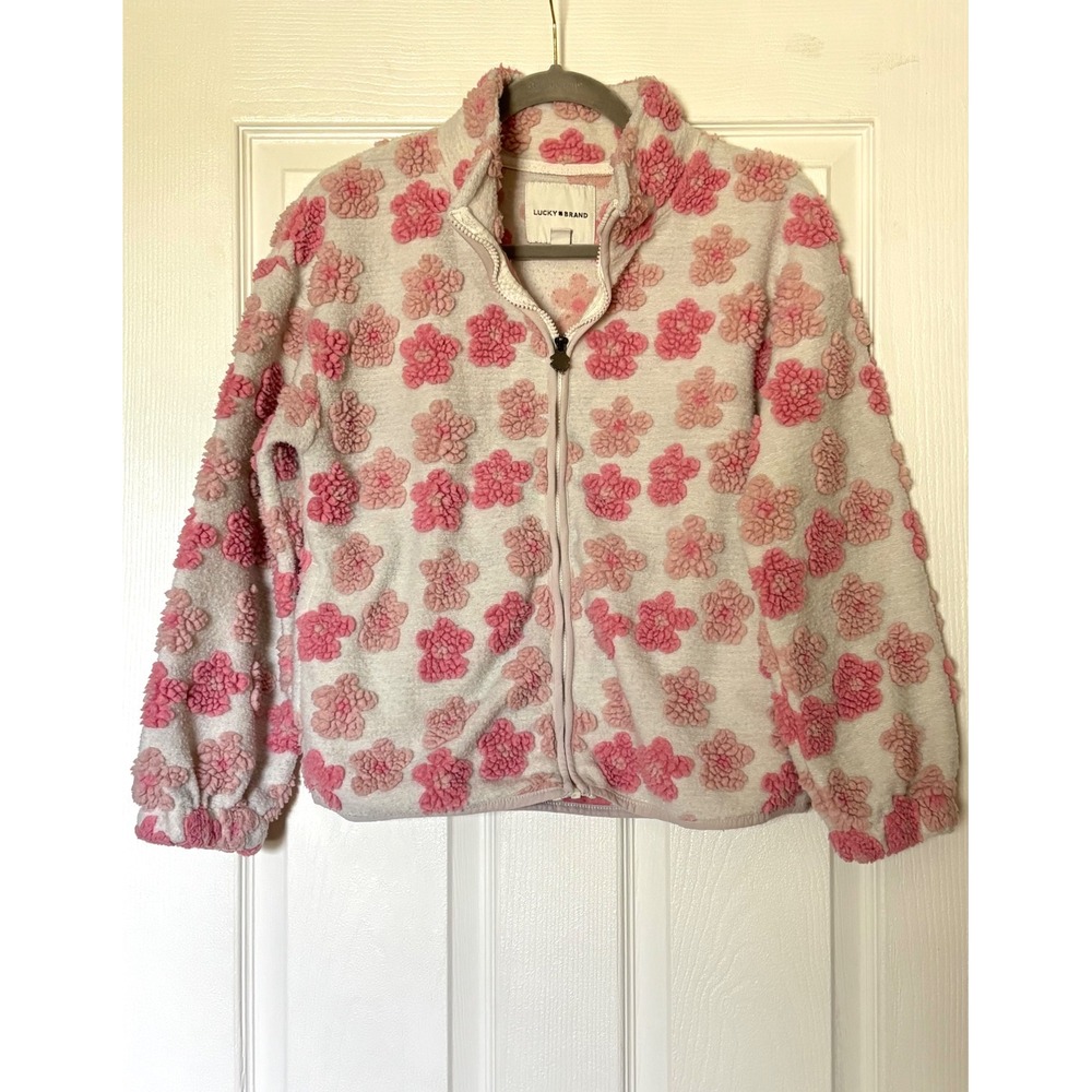 Lucky Brand Girls Pink Floral Faux Fur Full Zip Jacket Size L 14/16